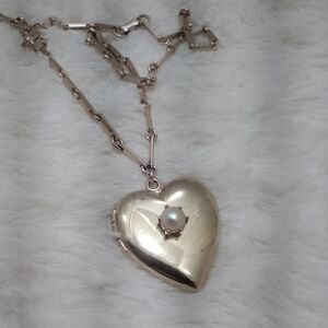 Gold Toned Heart Locket Necklace with Real Pearl Center – Vintage Style Romantic